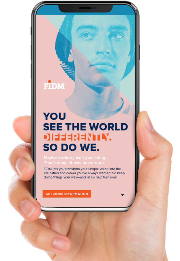 Hand holding up an iPhone displaying a FIDM landing page