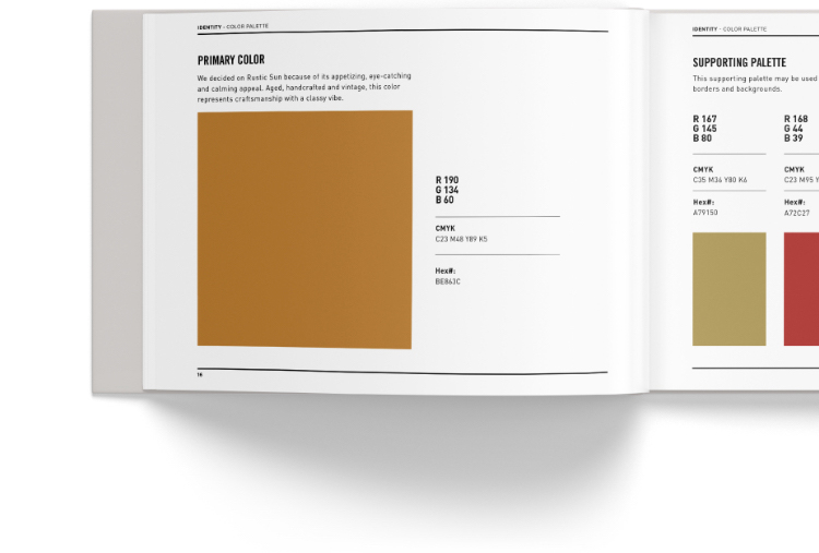 Brand guidelines book showing colors